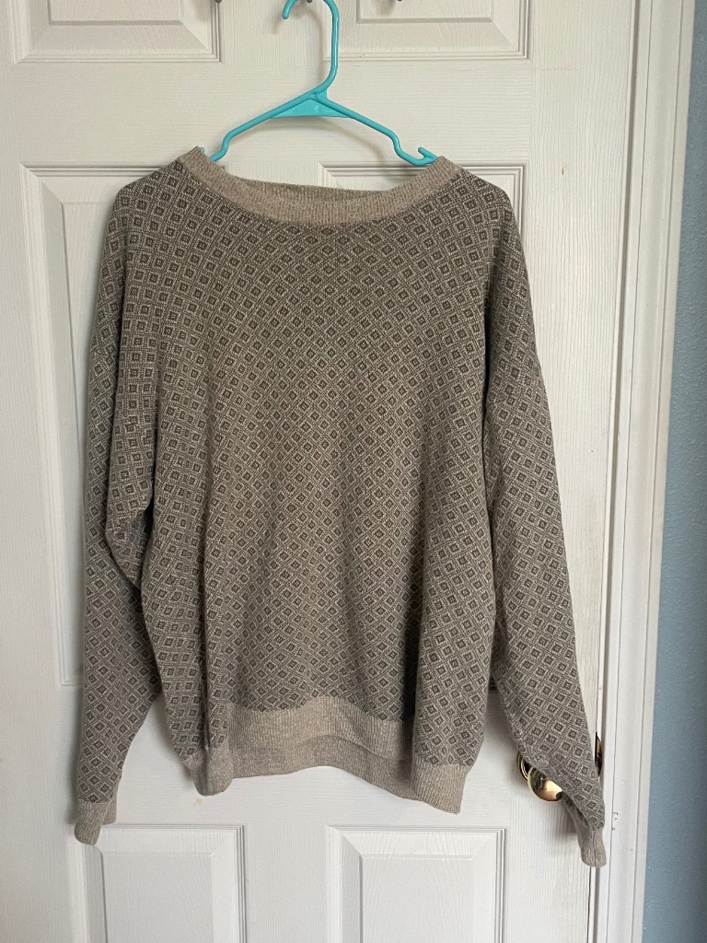 Khaki sweater with subtle diamond pattern, bulky